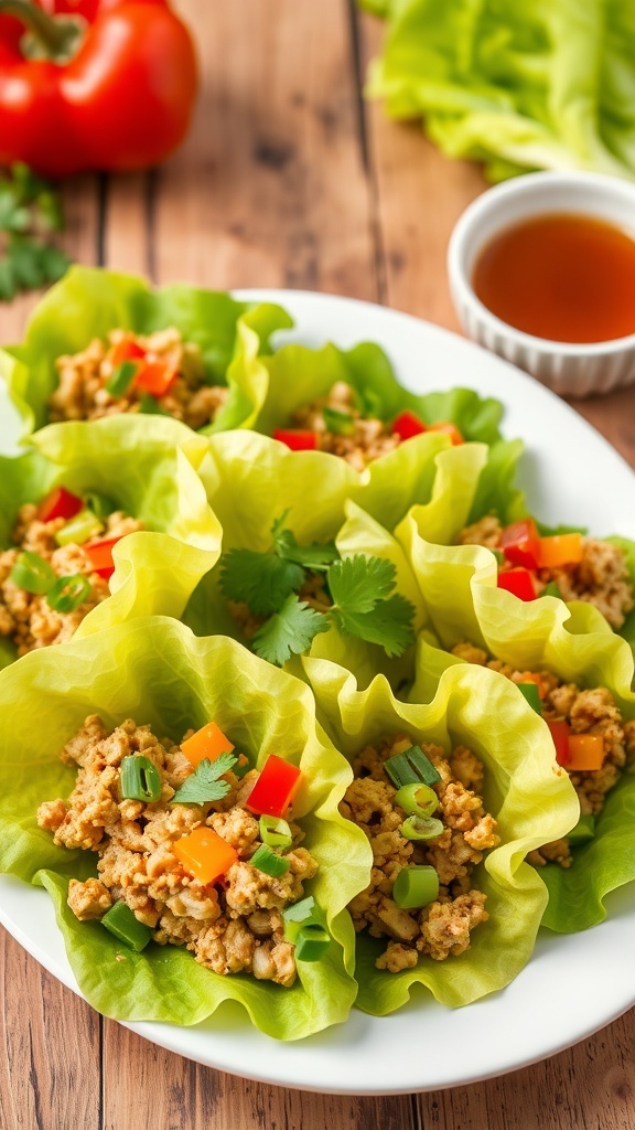 Crispy Butter Lettuce Wraps Recipe A colorful plate of butter lettuce wraps filled with ground chicken and vegetables, garnished with green onions and cilantro.